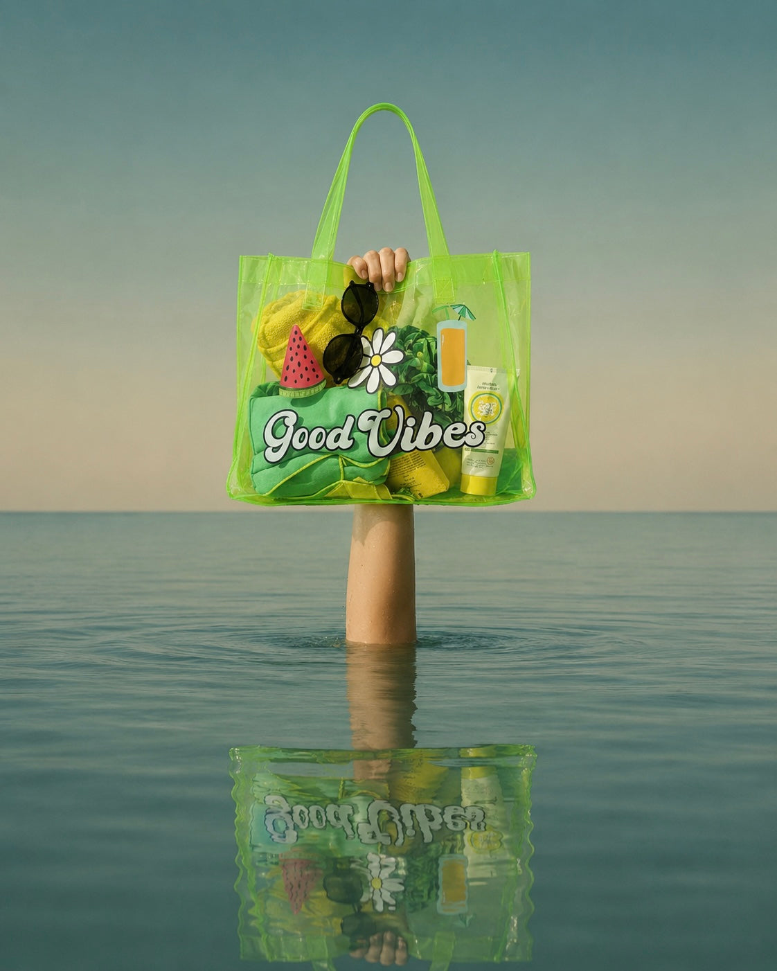 Flami Good Vibes tote Neon Green on the water